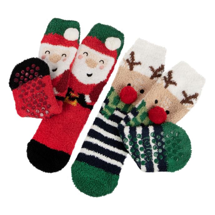 totes toasties® Childrens Super Soft Slipper Socks (Twin Pack) Reindeer / Santa Extra Image 2